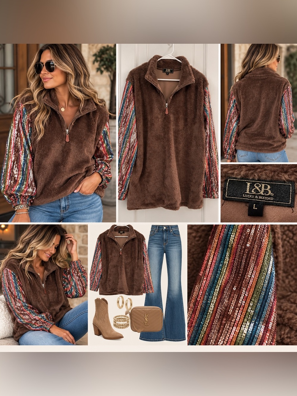 L&B Luxury & Beyond Brown Faux Fur Sequin Sleeve Pullover Size L